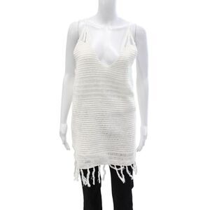 Indah Women Silk V-Neck Camisole Tunic White Sleeveless Beach Size S